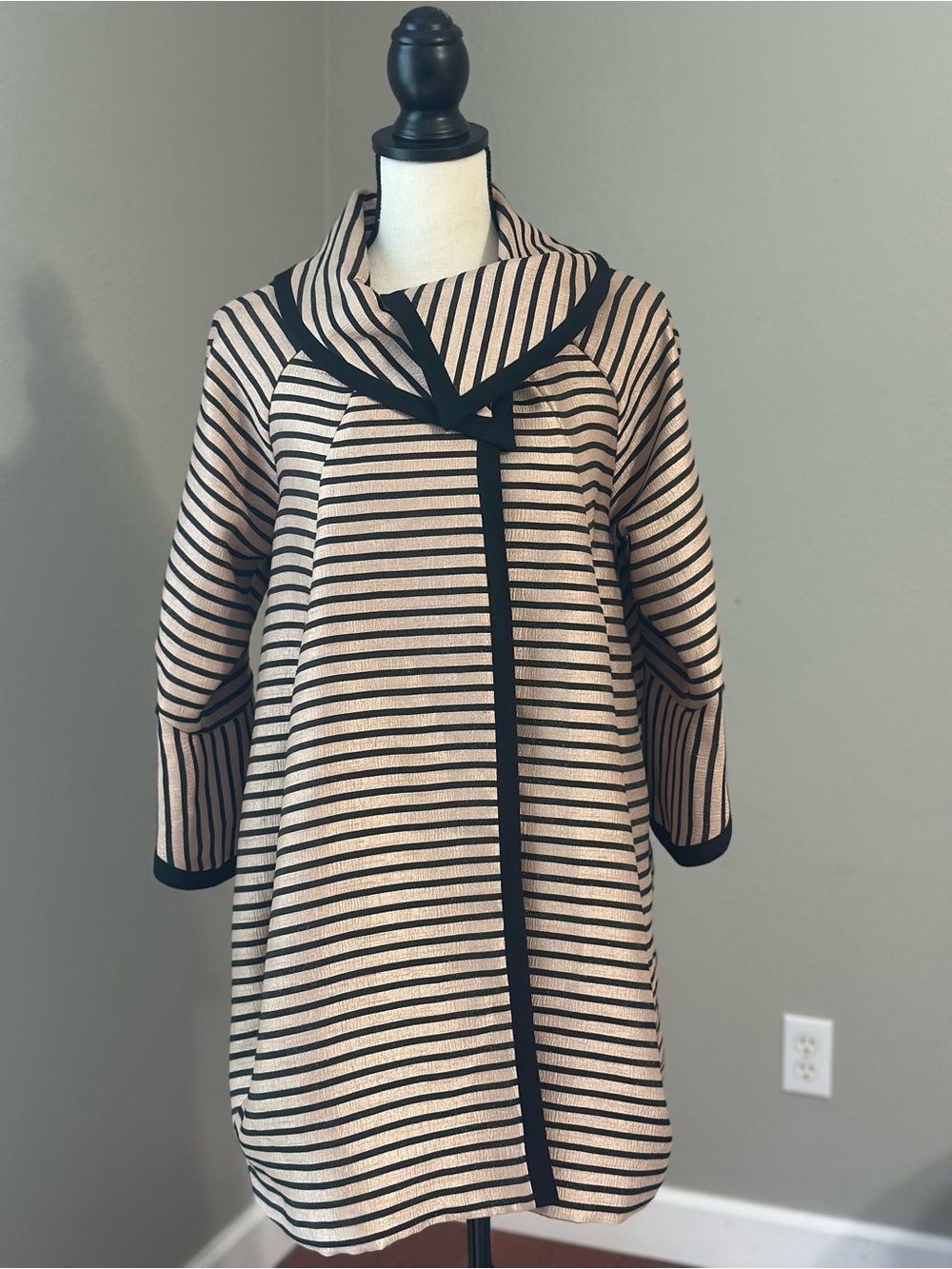 Joseph Ribkoff “Emily in Paris” Designer Horizontal-Striped Funnel Collar Coat